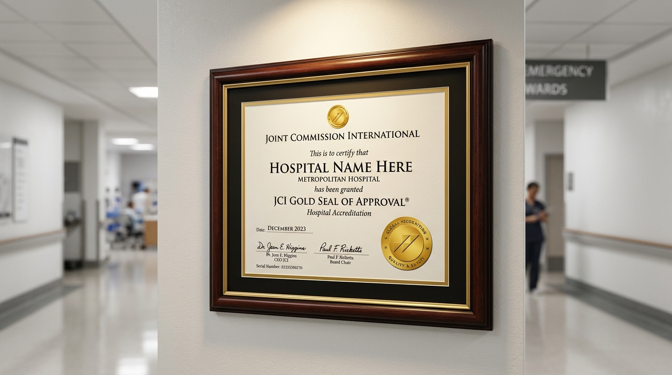 JCI Gold Seal of Approval accreditation certificate displayed in a hospital corridor