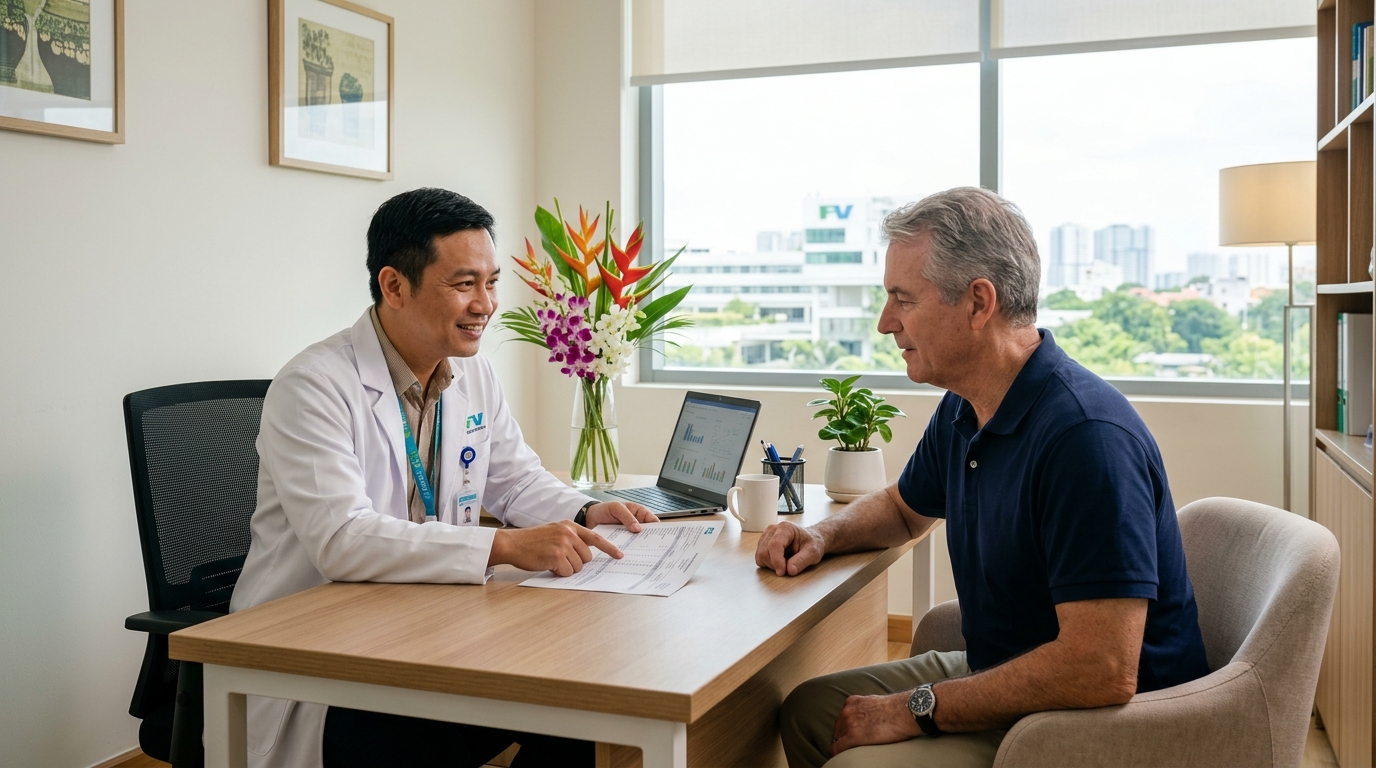 English-speaking doctor at FV Hospital reviewing results with an American patient