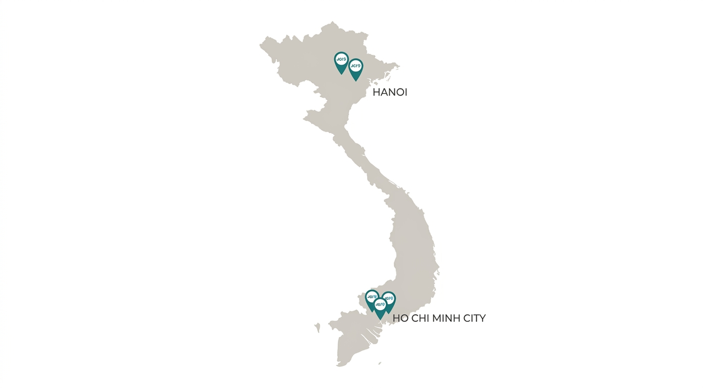 Map of Vietnam showing JCI-accredited hospitals in Hanoi and Ho Chi Minh City