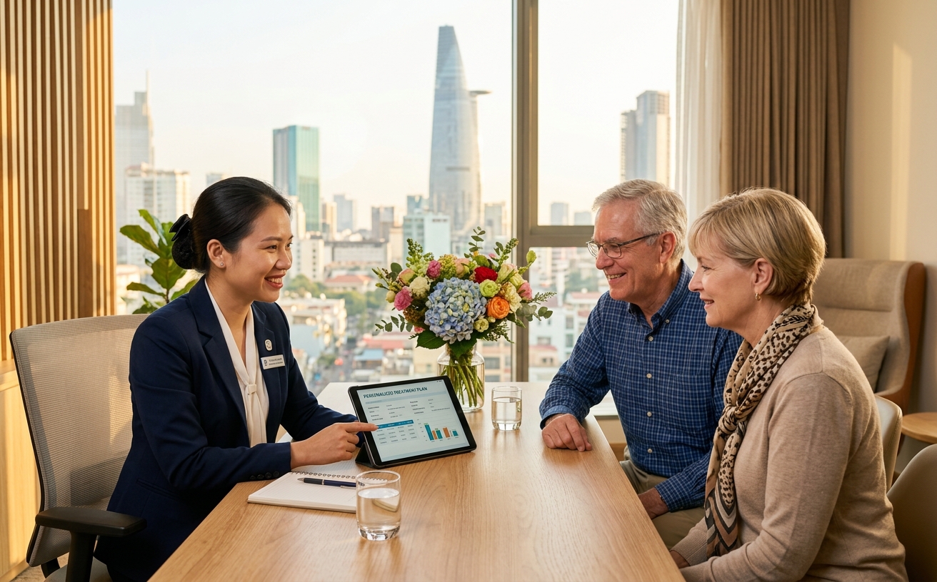 Patient coordinator presenting a personalized treatment plan to an American couple