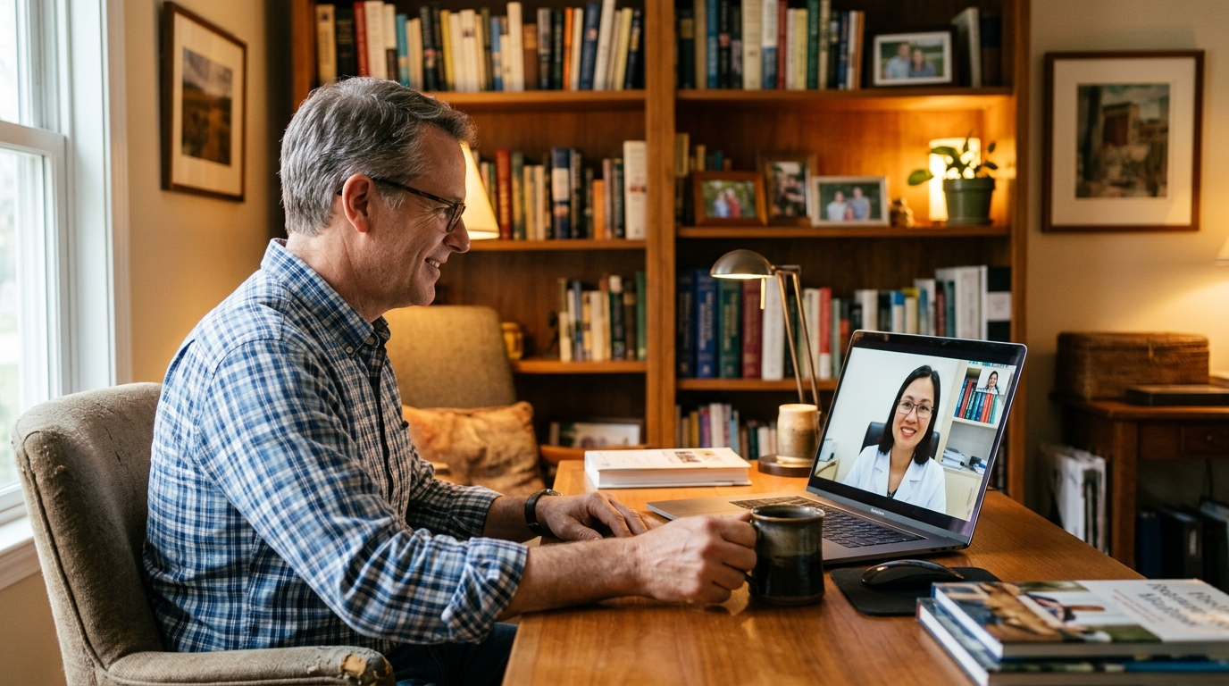American patient on a telemedicine video call with a Vietnamese doctor from home