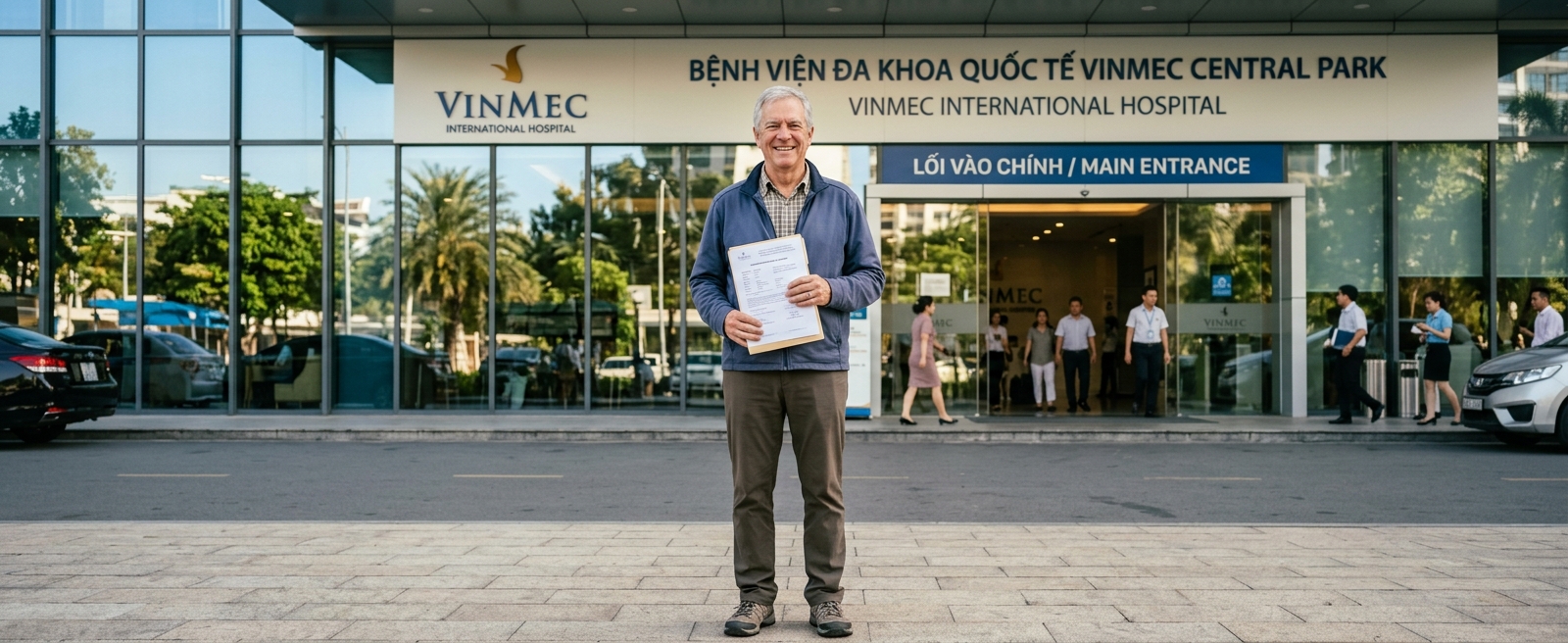 Smiling American patient holding documents in front of Vinmec International Hospital