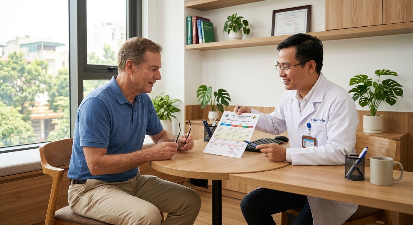 doctor explaining health checkup results vietnam american patient