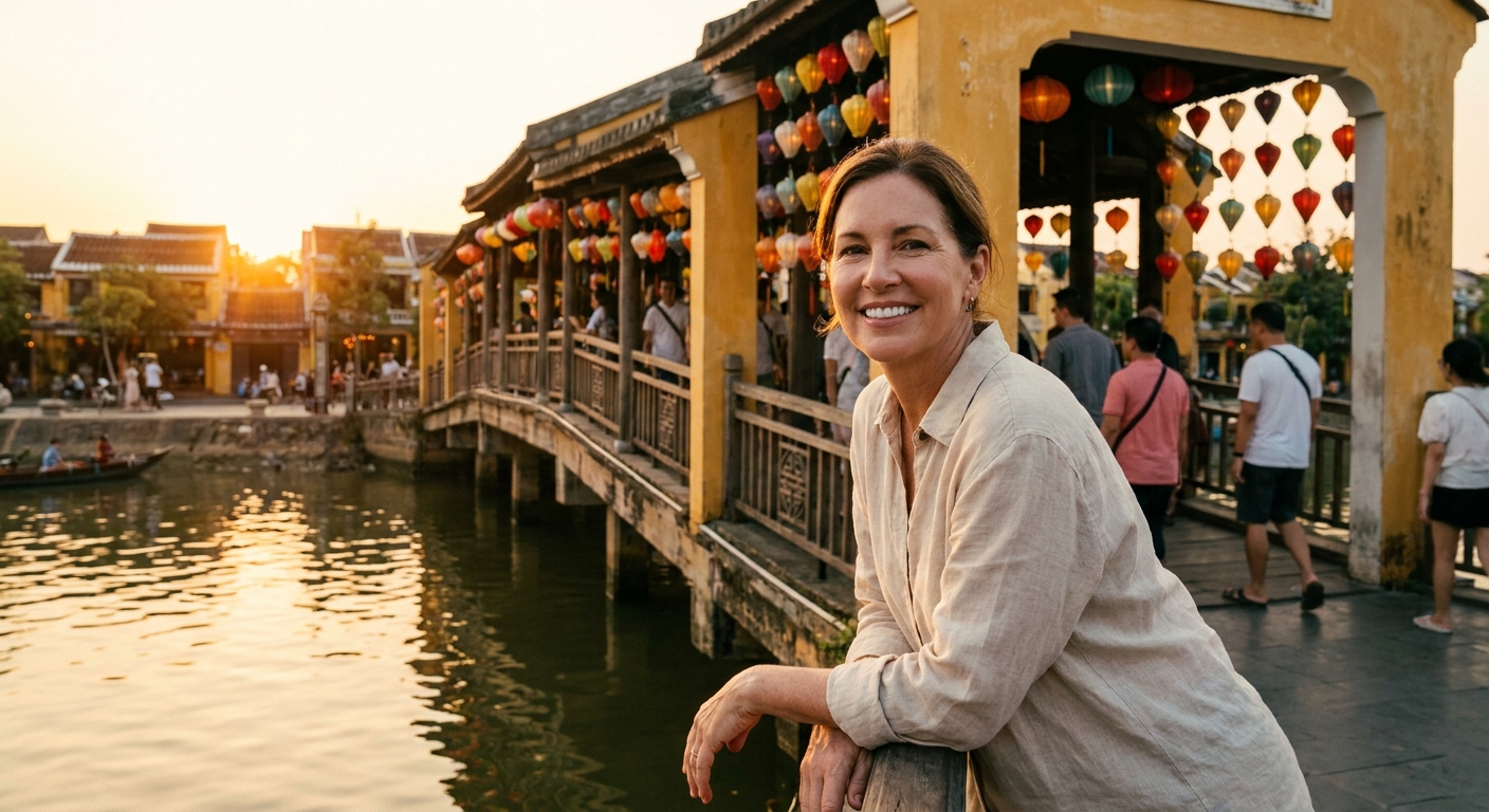 american dental tourist at the japanese covered bridge in hoi an vietnam